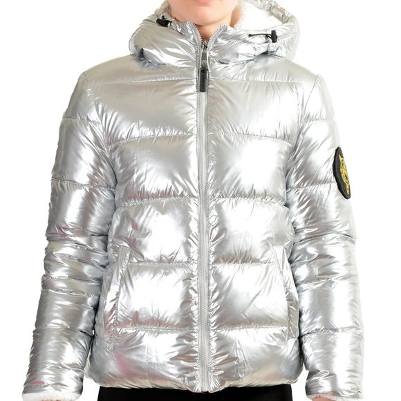Plein Sport Women's Silver Hooded Reversible Sherpa Logo Print Parka Jacket